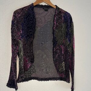 Burnout Velvet Crinkly Open Cardigan Sweater Dark Goth Purple Fall Winter Large